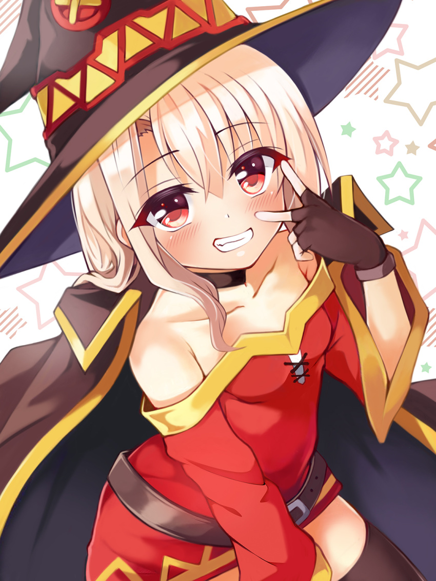 1girl bare_shoulders belt blonde_hair blush breasts brown_belt brown_gloves cape choker collarbone cosplay dress fate/kaleid_liner_prisma_illya fate_(series) fingerless_gloves gloves grin hair_between_eyes hat highres illyasviel_von_einzbern kono_subarashii_sekai_ni_shukufuku_wo! long_hair long_sleeves looking_at_viewer megumin megumin_(cosplay) mochi_(k620803n) off-shoulder_dress off_shoulder parted_bangs red_dress red_eyes sidelocks small_breasts smile solo teeth thighhighs v witch_hat