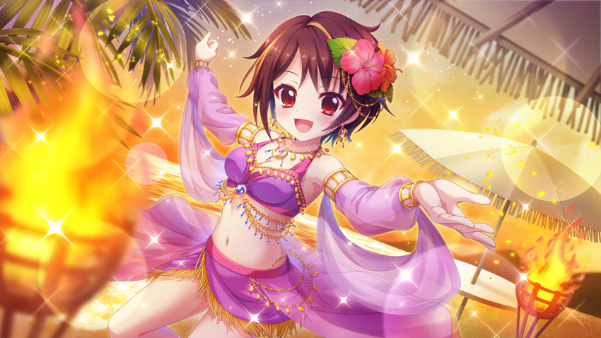 1girl :d bandou_mikuru beach beach_umbrella blonde_hair blue_gemstone blurry blurry_foreground breasts brown_hair cleavage dancer detached_sleeves dot_nose dutch_angle earrings film_grain fire flower game_cg gem hair_flower hair_ornament harem_outfit hibiscus izumi_tsubasu jewelry lens_flare multicolored_hair navel necklace non-web_source ocean official_art open_mouth orange_flower outdoors outstretched_arms pink_gemstone purple_skirt purple_sleeves re:stage! red_eyes red_flower round_table see-through see-through_sleeves short_hair showgirl_skirt skirt small_breasts smile solo sparkle spread_arms stomach streaked_hair table torch twilight two-tone_hair umbrella