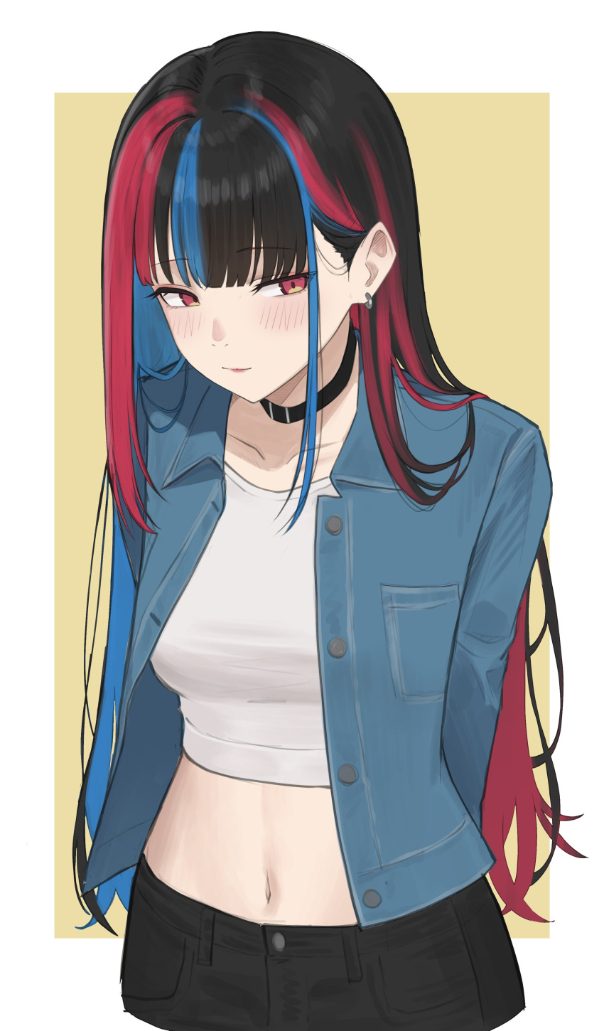 1girl absurdres arms_behind_back black_choker black_hair black_pants blue_hair blue_skirt blush choker crop_top earrings harusaruhi highres jewelry kamitsubaki_studio long_sleeves looking_to_the_side midriff multicolored_hair navel neko_hiiragi open_clothes open_shirt pants red_eyes red_hair shirt simple_background skirt solo white_shirt