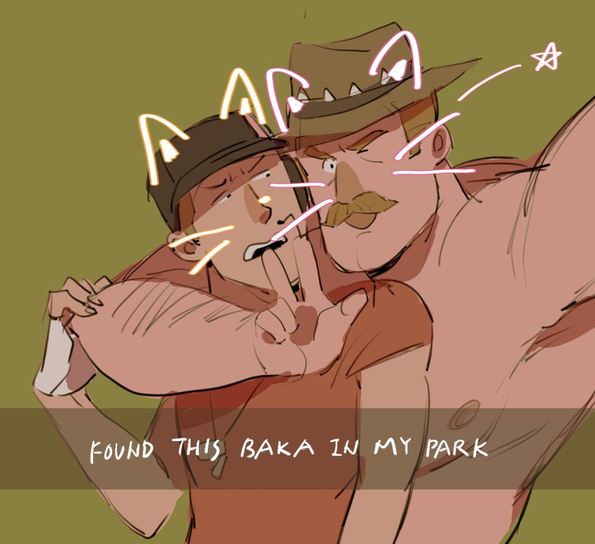 2boys arm_hair arms_around_neck bara blonde_hair citrus0lemon cowboy_hat drawn_ears drawn_whiskers english_text green_background hat headset highres large_pectorals long_sideburns looking_at_another male_focus mature_male multiple_boys muscular muscular_male pectorals saxton_hale scout_(tf2) short_hair sideburns simple_background size_difference team_fortress_2 thick_mustache upper_body v