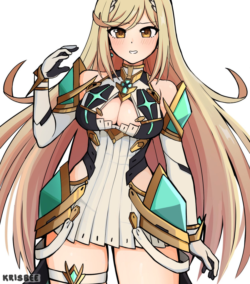 1girl blonde_hair blush breasts cleavage highres krisbee large_breasts long_hair looking_at_viewer mythra_(xenoblade) thick_thighs thighs xenoblade_chronicles_(series) xenoblade_chronicles_2