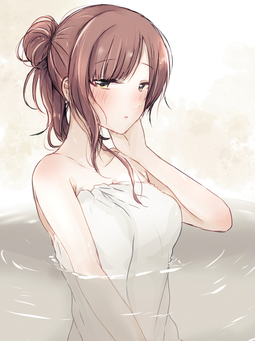 1girl :o armpit_crease baran._(ba_ra_ran) blush breasts brown_background collarbone hair_bun half-closed_eyes hand_on_own_cheek hand_on_own_face highres idolmaster idolmaster_cinderella_girls igarashi_kyoko looking_at_viewer medium_breasts naked_towel open_mouth partially_submerged ponytail sidelocks single_hair_bun solo swept_bangs towel two-tone_background watercolor_background white_background white_towel