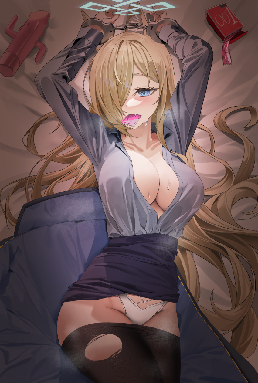 1girl absurdres animal_ears arms_up bed_sheet black_pantyhose blonde_hair blue_archive blue_eyes blue_halo blue_shirt blue_skirt bound bound_wrists breasts cleavage clothes_lift clothes_pull condom condom_box condom_in_mouth condom_wrapper cuffs espresso_1004 hair_over_one_eye halo handcuffs highres kanna_(blue_archive) large_breasts long_hair long_sleeves lying mouth_hold on_back panties pantyhose pantyhose_pull shirt skirt skirt_lift solo torn_clothes torn_pantyhose underwear white_panties