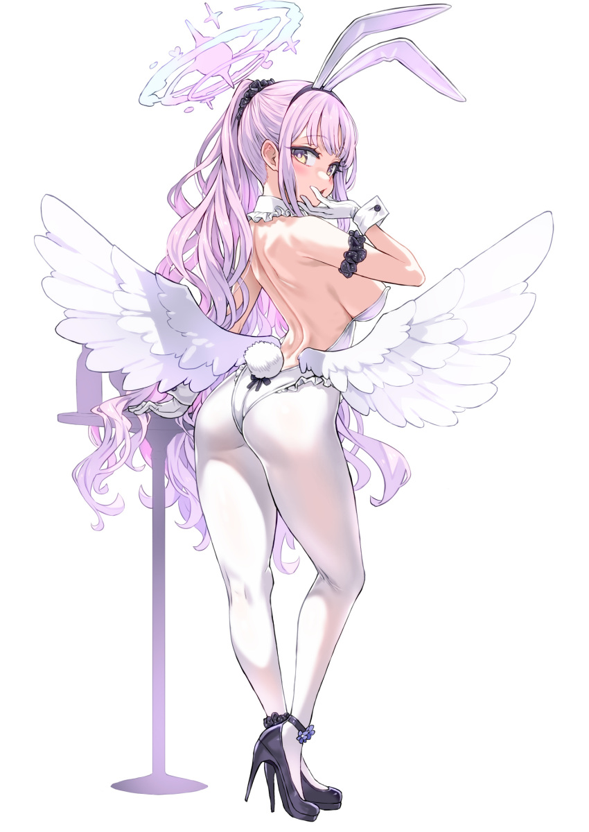 1girl angel_wings animal_ears asanagi ass back bare_shoulders blue_archive blush breasts fake_animal_ears feathered_wings from_behind full_body halo high_heels highres large_breasts leotard long_hair looking_at_viewer looking_back low_wings mika_(blue_archive) pantyhose pink_hair playboy_bunny ponytail rabbit_ears rabbit_tail sideboob sidelocks simple_background solo standing tail white_background white_leotard white_pantyhose white_wings wings wrist_cuffs yellow_eyes