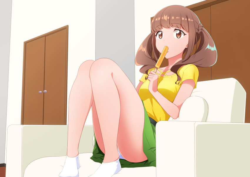1girl absurdres armchair brown_eyes brown_hair casual chair commentary food food_in_mouth green_skirt healin'_good_precure highres hiramitsu_hinata holding holding_food holding_popsicle indoors legs_up looking_at_viewer medium_hair miniskirt on_chair on_kazu panties pantyshot popsicle popsicle_in_mouth precure short_sleeves sitting skirt socks solo twintails underwear white_panties white_socks