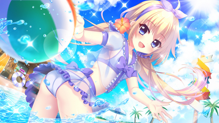 1girl ahoge ass ball beach beach_house beach_umbrella beachball bikini bikini_skirt blonde_hair blue_eyes blue_sky blurry blurry_foreground blush bow bow_hairband breasts cloud cloudy_sky day dot_nose dutch_angle film_grain flower frilled_skirt frills from_side game_cg hair_ornament hair_scrunchie hairband hibiscus innertube itsumura_haruka izumi_tsubasu lens_flare long_hair looking_at_viewer low_twintails non-web_source official_art open_mouth outdoors palm_tree purple_bow purple_hairband purple_sailor_collar purple_scrunchie purple_trim re:stage! red_flower sailor_collar scrunchie see-through see-through_shirt see-through_skirt sideboob signpost skirt sky small_breasts smile solo sparkle splashing striped_innertube sun surfboard swim_ring swimsuit tree twintails twisted_torso umbrella very_long_hair wading white_bikini