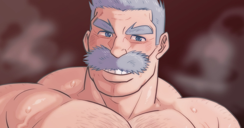 1boy adam's_apple back_hair bara grey_hair grin highres huge_eyebrows large_pectorals looking_at_viewer male_focus mature_male medium_sideburns muscular muscular_male old old_man original paid_reward_available pectorals portrait short_hair sideburns smile solo sweat thick_mustache thick_neck zettoken