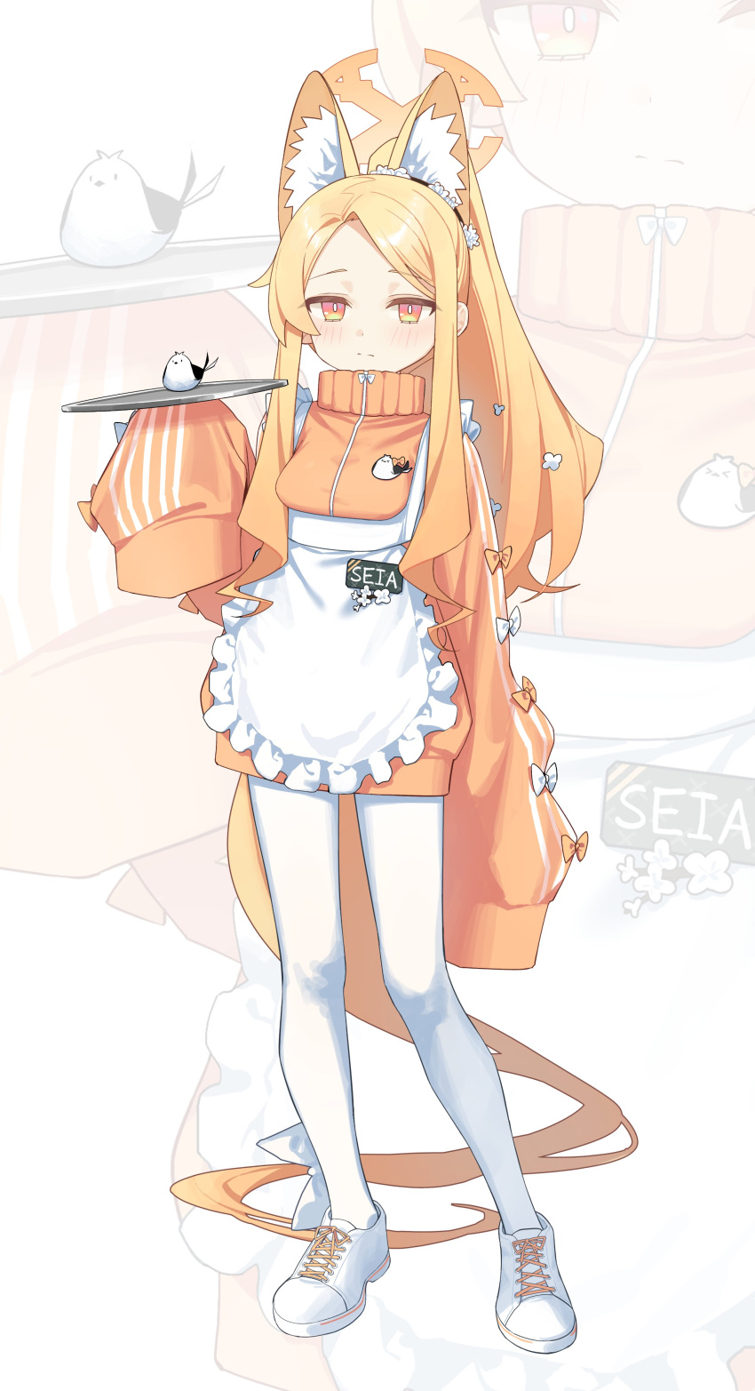 absurdly_long_hair absurdres animal_ear_fluff animal_ears apron bird blonde_hair blue_archive bow closed_mouth flower frilled_apron frills gradient_eyes hair_bow hair_flower hair_ornament halo highres jacket light_blush long_hair long_sleeves looking_at_viewer multicolored_eyes name_tag orange_halo orange_jacket pantyhose puffy_long_sleeves puffy_sleeves seia_(blue_archive) sleeve_bow sleeves_past_fingers sleeves_past_wrists striped_sleeves syhan tray turtleneck very_long_hair white_apron white_footwear white_pantyhose