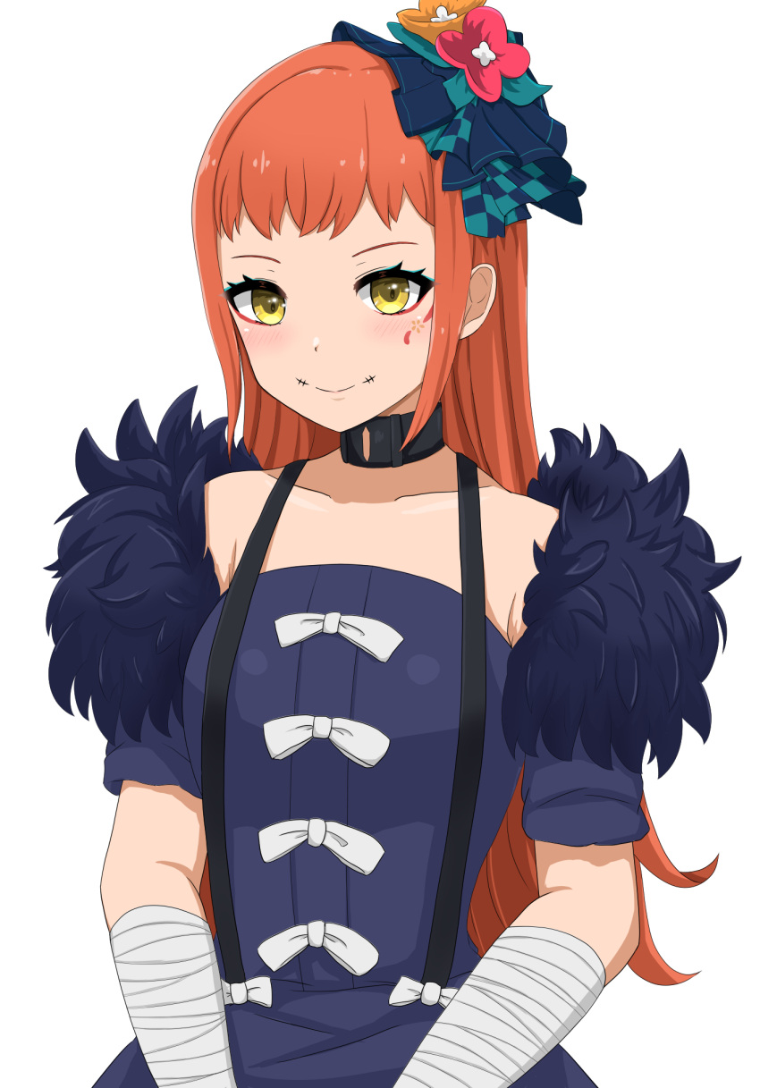 1girl bandaged_arm bandages black_choker black_dress choker closed_mouth dress facial_mark fire_emblem fire_emblem_engage flower hair_flower hair_ornament highres long_hair looking_at_viewer orange_hair panette_(fire_emblem) patty_ojisan smile solo stitched_mouth stitches upper_body yellow_eyes