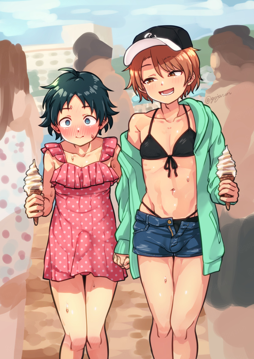 2boys ahoge bare_legs baseball_cap bikini black_bikini blush bulge crossdressing denim denim_shorts embarrassed erection erection_under_clothes feet_out_of_frame food genderswap genderswap_(ftm) gojarun hat highres hojo_karen holding holding_ice_cream_cone ice_cream ice_cream_cone idolmaster idolmaster_cinderella_girls looking_at_another multiple_boys nanjo_hikaru navel nervous_sweating nose_blush one-piece_swimsuit orange_hair people pink_one-piece_swimsuit polka_dot_one-piece_swimsuit short_hair shorts smile standing stomach sweat swimsuit