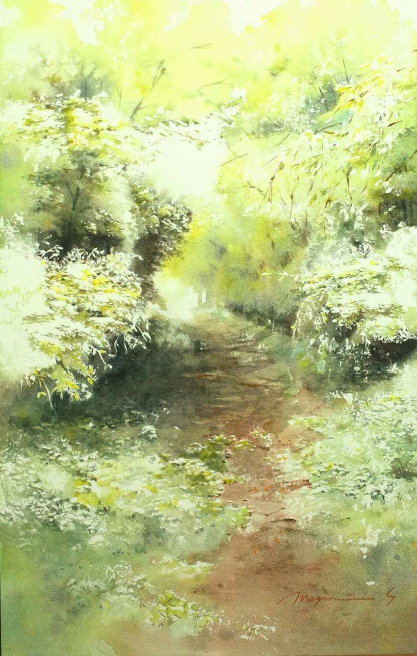 absurdres bush dappled_sunlight day forest highres nature no_humans original painting_(medium) path plant scenery shadow shimizu_megumi_(m_acquerello) sunlight traditional_media watercolor_(medium)