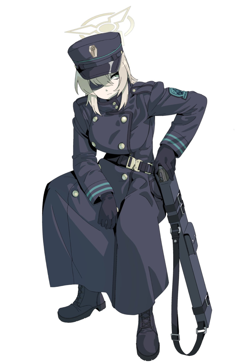1girl belt black_coat black_footwear black_gloves black_hat blue_archive boots breasts buttons closed_mouth coat eyepatch full_body gloves green_eyes grey_hair gun hair_between_eyes halo hat highres invisible_chair large_breasts long_sleeves mushroom_(osh320) simple_background sitting solo suou_(blue_archive) weapon weapon_case white_background