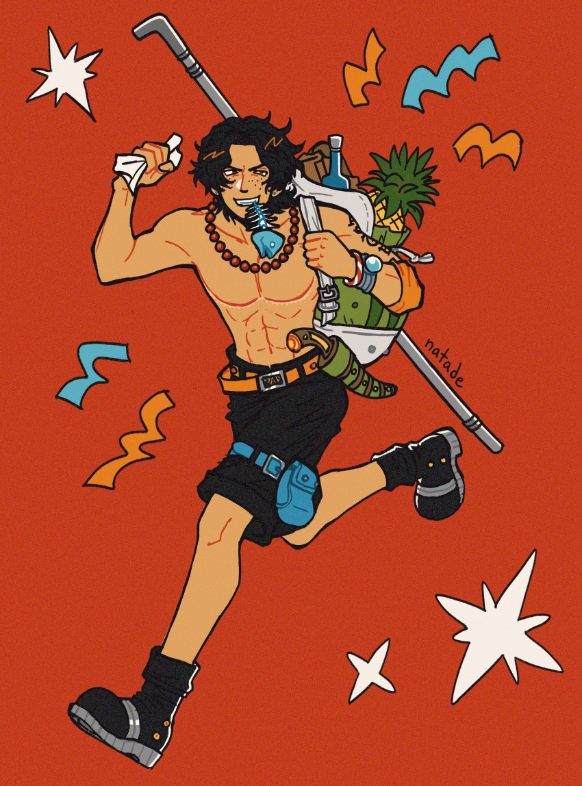 1boy absurdres apple_pie arm_tattoo artist_name bag belt black_hair black_shorts boots bracelet english_commentary fish_in_mouth food freckles full_body highres jewelry knife log_pose male_focus natade_art necklace one_piece orange_belt pearl_necklace pie portgas_d._ace pouch red_background running short_hair shorts shoulder_bag solo tattoo thigh_pouch topless_male