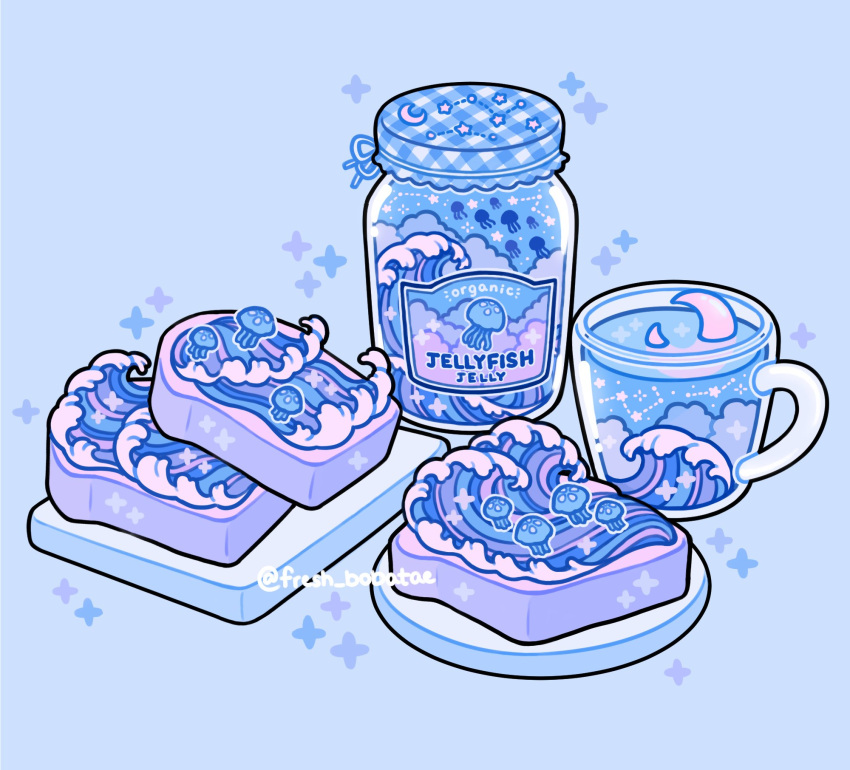 blue_background blue_theme bread bread_slice breakfast constellation constellation_print crescent_moon cup emily_kim food food_focus gingham highres jam jar jellyfish liquid moon no_humans ocean original pastel_colors simple_background sparkle toast twitter_username waves