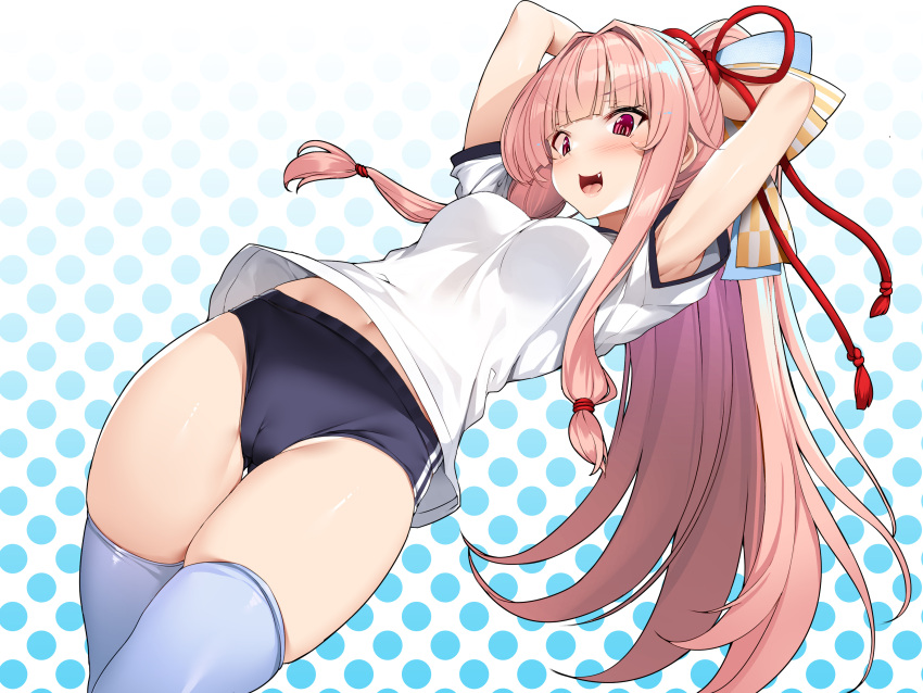 1girl :d absurdres arms_up black_buruma blunt_bangs blush breasts buruma cameltoe commentary_request fang gym_uniform hair_ribbon highres kotonoha_akane long_hair looking_at_viewer midriff_peek navel open_mouth pink_hair polka_dot polka_dot_background red_eyes ribbon shirt small_breasts smile solo thighhighs thighs torisan v-shaped_eyebrows voiceroid white_background white_shirt white_thighhighs