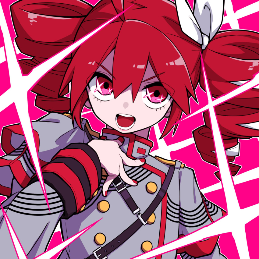 1girl drill_hair grey_jacket hair_between_eyes hair_ribbon hand_on_own_chest highres jacket kasane_teto kasane_teto_(sv) long_sleeves looking_at_viewer multicolored_hair nail_polish open_mouth red_eyes red_hair red_nails ribbon shoulder_belt sidelocks simple_background sleeve_cuffs solo synthesizer_v twin_drills upper_body utau white_hair white_ribbon yachima_tana