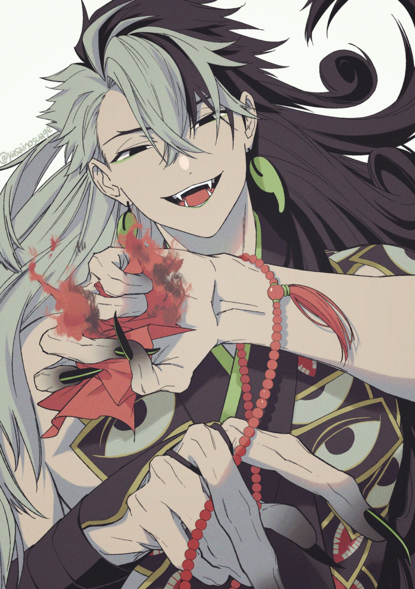 1boy absurdres ashiya_douman_(fate) ashiya_douman_(second_ascension)_(fate) asymmetrical_hair black_eyes black_hair curly_hair earrings fate/grand_order fate_(series) fingernails fire green_nails hair_between_eyes highres holding jewelry kajijii long_hair magatama magatama_earrings male_focus multicolored_hair official_alternate_costume sharp_fingernails single_bare_shoulder split-color_hair two-tone_hair very_long_fingernails white_hair