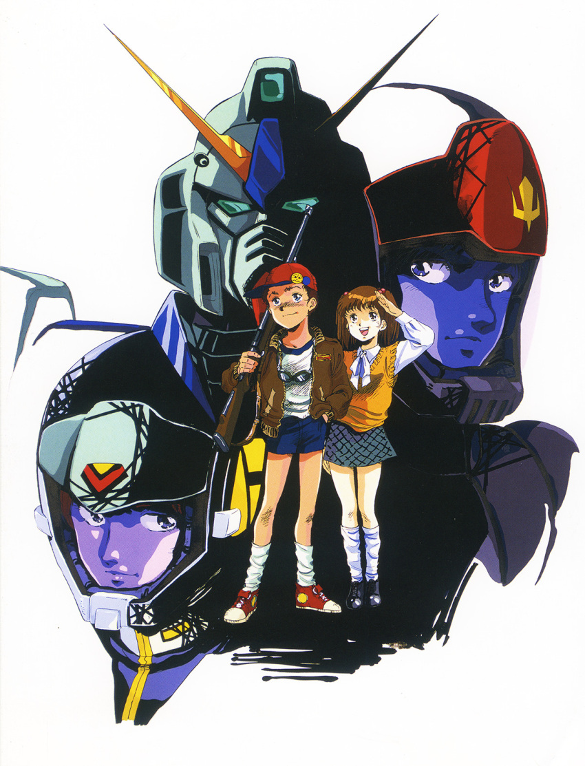 1980s_(style) 2boys 2girls alfred_izuruha beret bernard_wiseman child christina_mackenzie concept_art dorothy_(gundam) earth_federation_space_forces gun gundam gundam_0080 gundam_alex hat helmet highres ink_(medium) looking_at_viewer mecha mikimoto_haruhiko military military_uniform mobile_suit multiple_boys multiple_girls official_art pilot pilot_suit retro_artstyle rifle robot salute scan shorts sketch skirt socks spacesuit traditional_media uniform upper_body v-fin weapon zeon