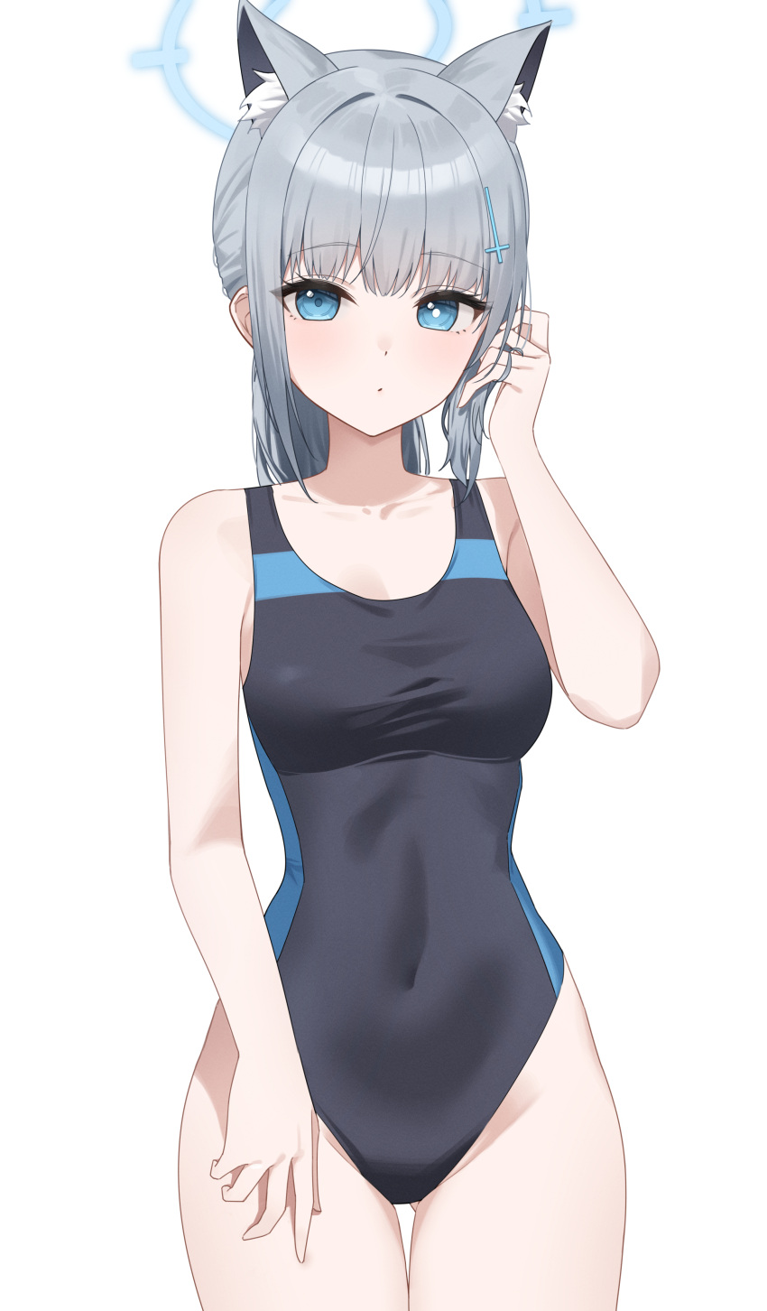 1girl absurdres animal_ear_fluff animal_ears bare_arms bare_shoulders black_one-piece_swimsuit blue_archive blue_eyes blue_halo breasts collarbone commentary competition_swimsuit covered_navel cowboy_shot halo highres light_blush looking_at_viewer medium_breasts mismatched_pupils n4_h4m official_alternate_costume official_alternate_hairstyle one-piece_swimsuit shiroko_(blue_archive) shiroko_(swimsuit)_(blue_archive) simple_background solo swimsuit white_background wolf_ears wolf_girl