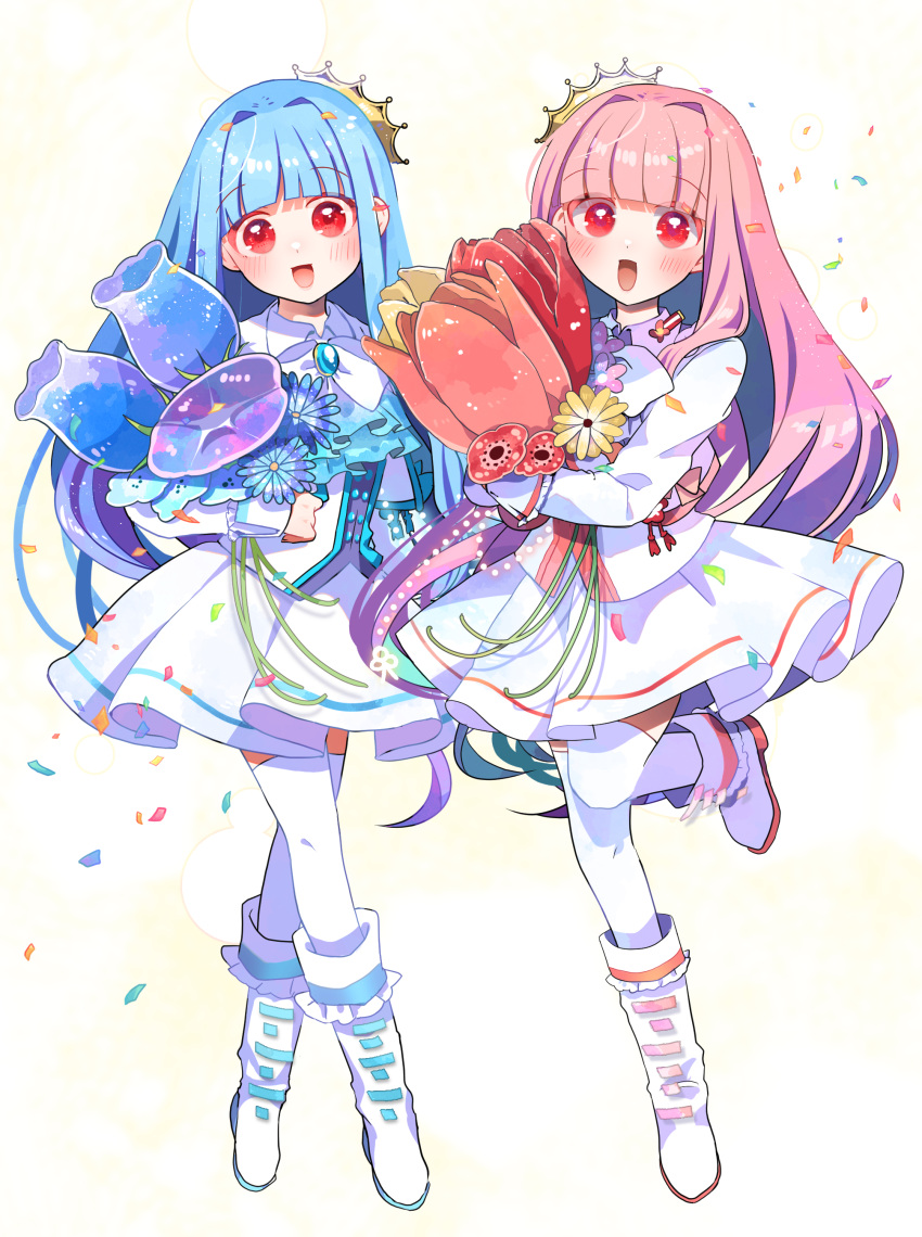 2girls absurdres alternate_costume blue_flower blue_hair blunt_bangs blush boots bouquet brooch collared_jacket commentary_request confetti crossed_legs flower flower_request full_body hair_intakes head_tilt highres holding holding_bouquet hydrangea jacket jewelry knee_boots kotonoha_akane kotonoha_aoi long_hair long_sleeves looking_at_viewer matching_outfits multiple_girls neck_ribbon open_mouth oyasumi_makura pink_flower pink_hair pink_tulip purple_flower red_eyes red_flower red_tulip ribbon siblings side-by-side sisters skirt sleeve_cuffs smile standing standing_on_one_leg thighhighs tiara tilted_headwear tulip voiceroid watson_cross white_footwear white_jacket white_ribbon white_skirt white_thighhighs yellow_flower yellow_tulip