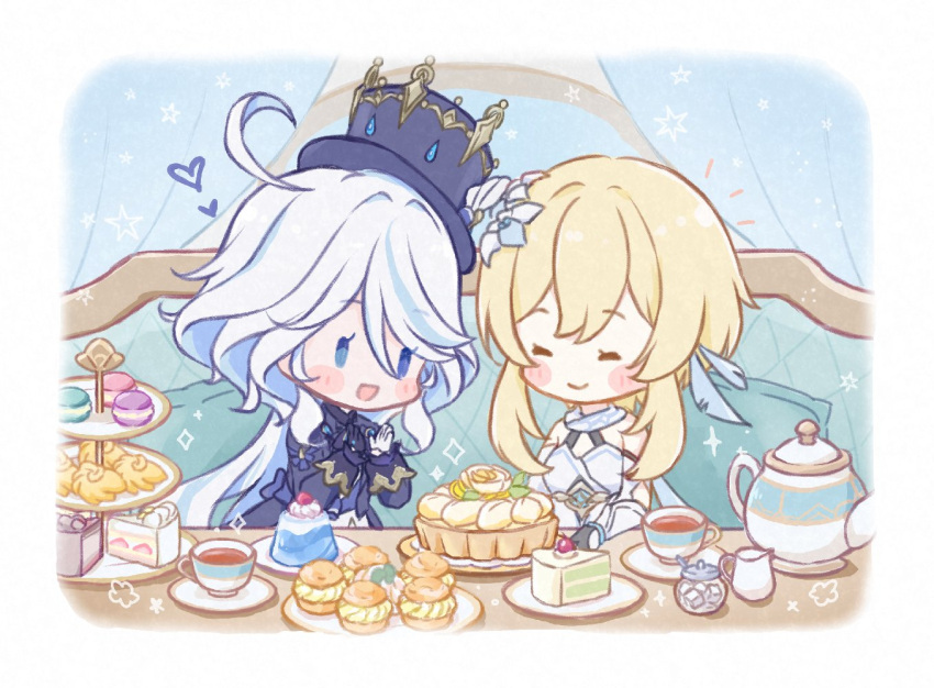2girls :d ^_^ ahoge asymmetrical_gloves black_gloves blonde_hair blue_eyes blue_hair blue_hat blue_jacket blush blush_stickers border cake cake_slice cherry chibi closed_eyes closed_mouth commentary_request couch cream_puff creamer_(vessel) cup curtains dress feather_hair_ornament feathers flower food fruit furina_(genshin_impact) gelatin genshin_impact gloves hair_between_eyes hair_flower hair_intakes hair_ornament hands_up hat heart heterochromia indoors jacket jar long_hair long_sleeves lumine_(genshin_impact) macaron madeleine mismatched_gloves multicolored_hair multiple_girls notice_lines on_couch open_clothes open_jacket open_mouth parted_bangs pie pigumon pillow saucer shirt short_hair_with_long_locks sidelocks sitting sleeve_cuffs sleeveless sleeveless_dress smile solid_oval_eyes sparkle strawberry_shortcake streaked_hair sugar_cube swept_bangs table tea teacup teapot tiered_tray tilted_headwear top_hat tray vambraces whipped_cream white_border white_dress white_flower white_gloves white_hair white_shirt