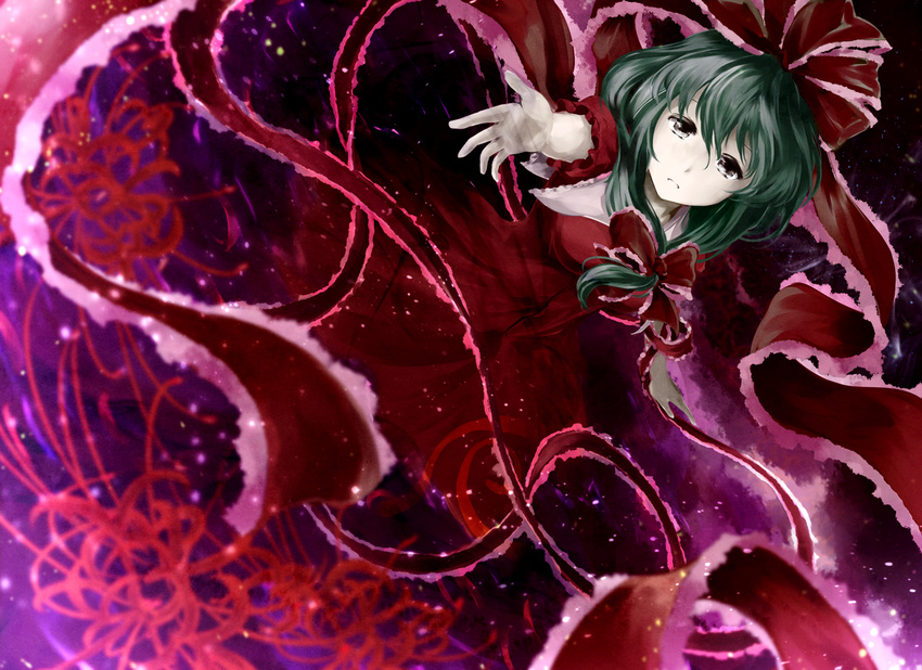 abstract_background bow dress dutch_angle flower front_ponytail green_hair grey_eyes hair_bow kagiyama_hina kz_nagomiya outstretched_arms outstretched_hand puffy_short_sleeves puffy_sleeves red_dress ribbon short_sleeves solo spider_lily touhou upper_body