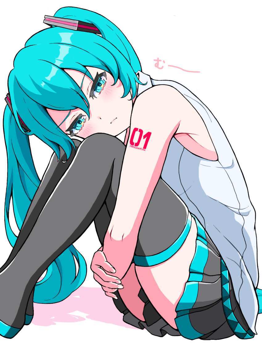 1girl annoyed aqua_eyes aqua_hair boots collared_shirt dot_nose furrowed_brow grey_footwear grey_skirt hair_between_eyes hair_ornament hatsune_miku highres hugging_own_legs knees_up light_blush long_hair looking_at_viewer miniskirt pleated_skirt pout shadow shirt sidelocks simple_background sitting skirt sleeveless sleeveless_shirt thigh_boots thighs twintails uzuki_sena very_long_hair vocaloid white_background white_shirt