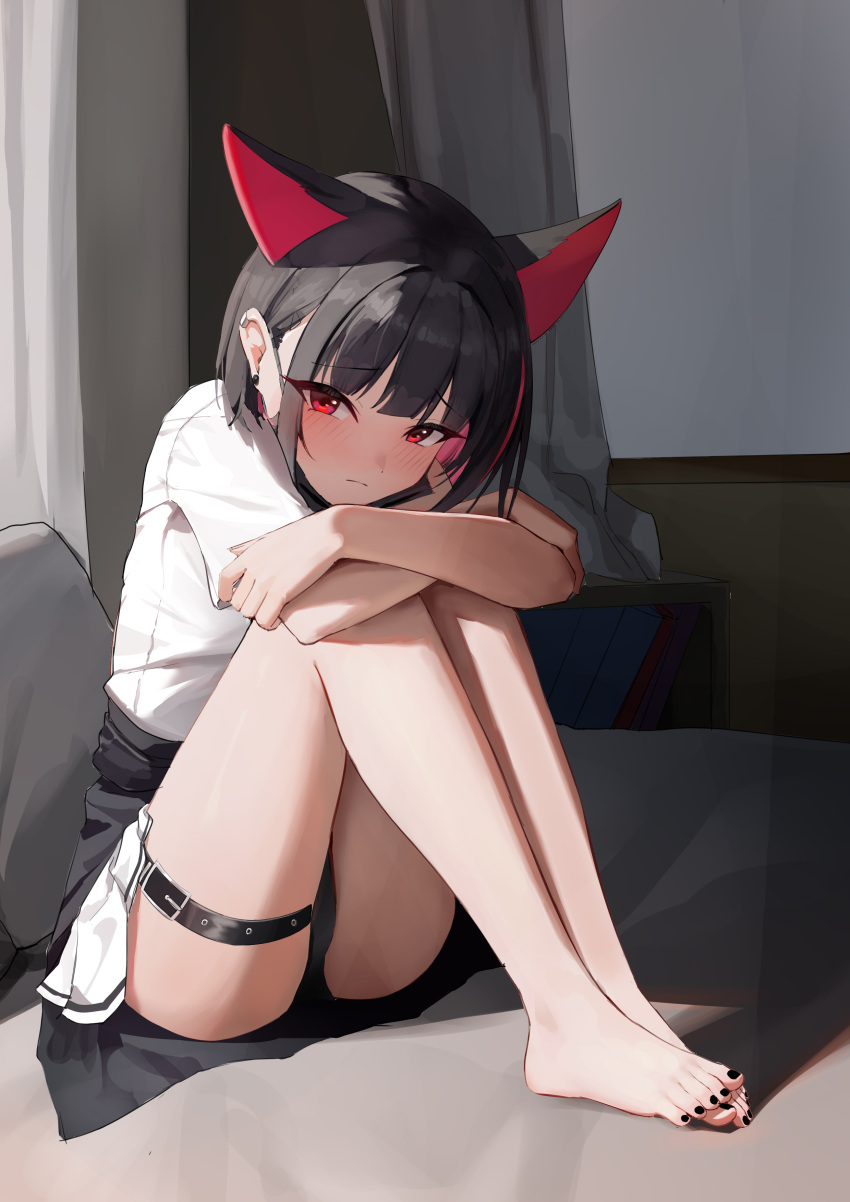 1girl absurdres animal_ears bare_legs barefoot belt black_cardigan black_hair black_nails black_panties blue_archive blush cardigan cardigan_around_waist cat_ears clothes_around_waist crossed_arms earclip earrings extra_ears highres hugging_own_legs indoors jewelry kazusa_(band)_(blue_archive) kazusa_(blue_archive) knees_up liwen520 looking_at_viewer multicolored_hair nail_polish no_halo official_alternate_costume panties pantyshot pink_hair shirt sitting solo stud_earrings thigh_belt thigh_strap thighs toenail_polish toenails two-tone_hair underwear white_shirt