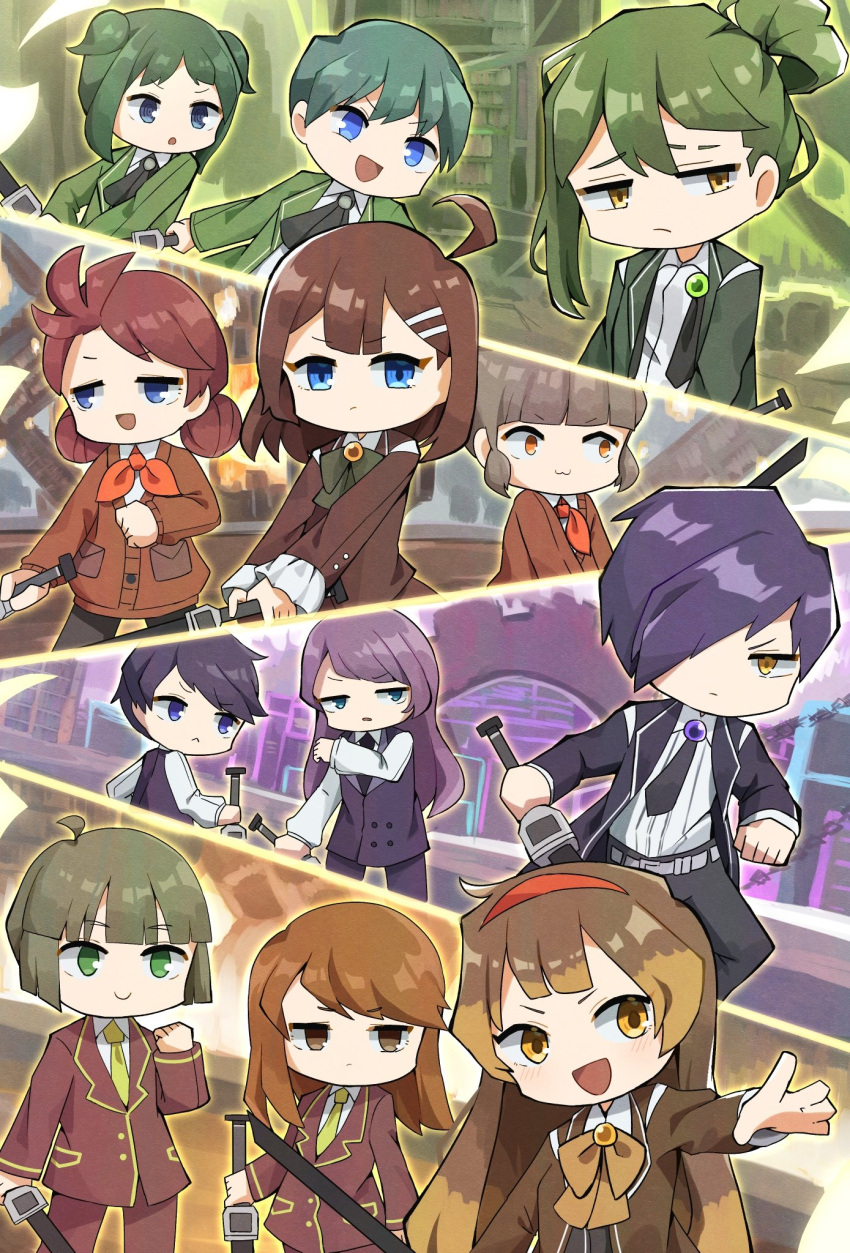 2boys 2girls 6+others ahoge blue_eyes brown_cardigan brown_hair cardigan closed_mouth coat folded_ponytail green_coat hair_ornament hair_over_one_eye hairclip highres hod_(project_moon) jacket librarian_(project_moon) library_of_ruina long_hair long_sleeves malkuth_(project_moon) medium_hair multicolored_hair multiple_boys multiple_girls multiple_others neckerchief netzach_(project_moon) open_mouth orange_neckerchief ponsuke_(nemui_tebasaki) project_moon purple_vest red_jacket shirt smile streaked_hair vest white_shirt yesod_(project_moon)