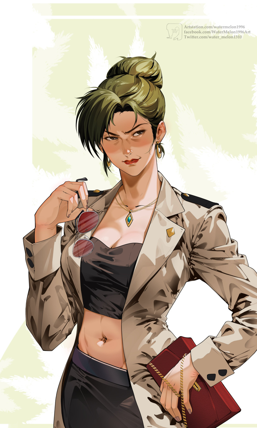 1girl abs absurdres bag breasts cima_garahau cleavage earrings green_hair gundam gundam_0083 handbag highres holding holding_bag holding_removed_eyewear jewelry looking_at_viewer mature_female military_uniform navel necklace solo sunglasses uniform unworn_eyewear watermelonsfw