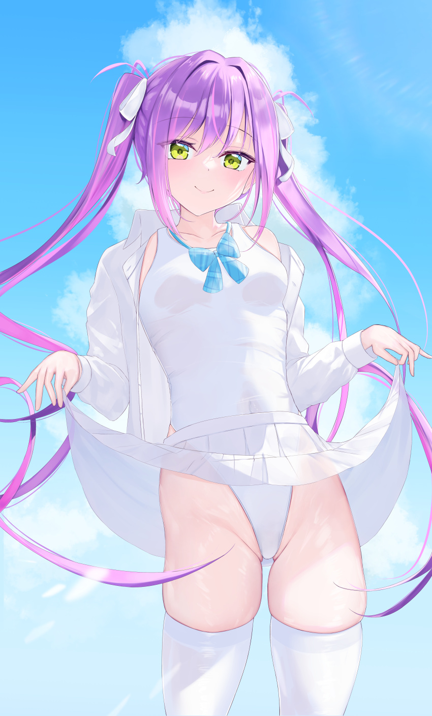 1girl absurdres blush breasts clothes_lift green_eyes hair_ornament hairclip highleg highleg_swimsuit highres hololive lifted_by_self long_hair looking_at_viewer multicolored_hair one-piece_swimsuit open_clothes open_shirt pink_hair purple_hair red_o7 shirt skirt skirt_lift small_breasts smile solo streaked_hair swimsuit thighhighs thighs tokoyami_towa virtual_youtuber white_one-piece_swimsuit white_shirt white_skirt white_thighhighs