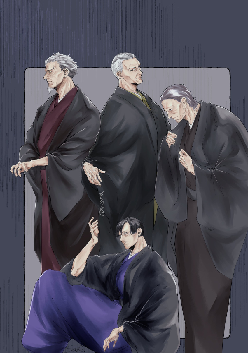 4boys absurdres adam's_apple akane-banashi arakawa_ikken arakawa_isshou arakawa_shiguma arakawa_taizen beard black_kimono cheekbones facial_hair grey_background grey_hair hair_slicked_back highres japanese_clothes kimono looking_at_viewer multicolored_hair multiple_boys mustache old old_man short_hair sideburns_stubble sitting souki1203 standing streaked_hair stubble thick_eyebrows two-tone_hair white_hair