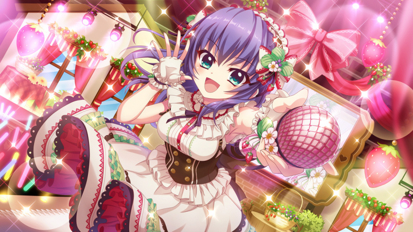 1girl :d aqua_eyes blue_hair bow breasts brick_wall buttons catwalk_(modeling) concert dot_nose dress dutch_angle film_grain fingerless_gloves flower food frilled_hairband frills fruit game_cg gloves glowstick hairband hand_up holding holding_microphone honjou_kasumi idol idol_clothes izumi_tsubasu large_bow lens_flare looking_at_viewer medium_breasts medium_hair microphone non-web_source official_art open_mouth outstretched_arm re:stage! red_bow screen smile solo sparkle stage stage_lights strawberry underbust white_dress white_gloves wicker_basket window yellow_flower