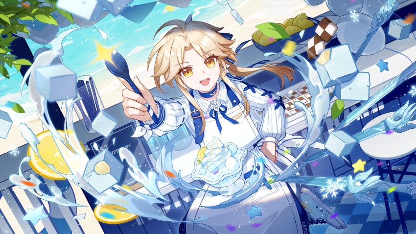 1boy alternate_costume beach blonde_hair chair drinking_straw food fruit highres honkai:_star_rail honkai_(series) ice ice_cube lemon long_hair long_sleeves looking_at_viewer male_focus mlcc_3190969461 open_mouth shoes smile solo water yanqing_(honkai:_star_rail) yellow_eyes