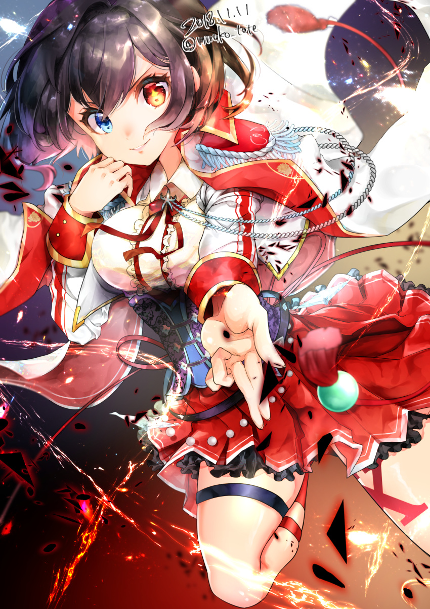 aiguillette aisha_(shironeko_project) bow bowtie breasts cape corset epaulettes gloves half_gloves heterochromia highres long_sleeves medium_breasts miruko_tete outstretched_arm red_bow red_bowtie red_skirt shironeko_project skirt white_cape