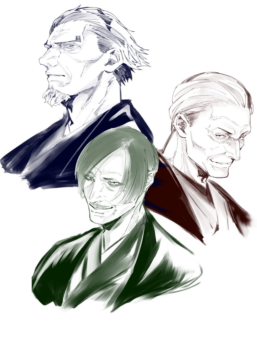 3boys akane-banashi arakawa_ikken arakawa_isshou arakawa_shiguma beard cheekbones facial_hair hair_slicked_back highres japanese_clothes kimono multicolored_hair multiple_boys mustache old old_man souki1203 two-tone_hair