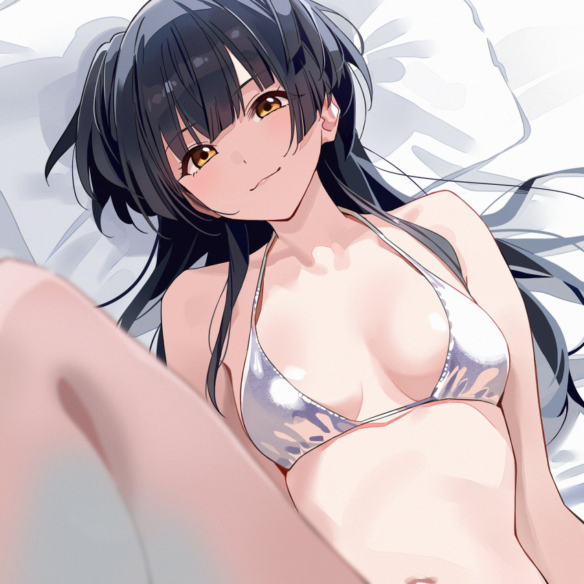 1girl bikini black_hair blurry breasts closed_mouth commentary depth_of_field halterneck highres idolmaster idolmaster_shiny_colors kinjin long_hair looking_at_viewer lying mayuzumi_fuyuko medium_breasts navel on_bed solo stomach swimsuit two_side_up upper_body white_bikini yellow_eyes