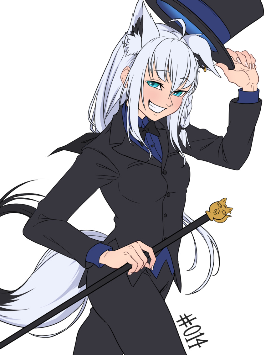 1girl animal_ears black_bow black_bowtie blue_eyes blush bow bowtie breasts cane hair_between_eyes hat highres hololive jewelry long_hair long_sleeves looking_at_viewer mefomefo open_mouth ring shirt short_hair simple_background smile solo tail top_hat traditional_bowtie white_hair wrist_cuffs