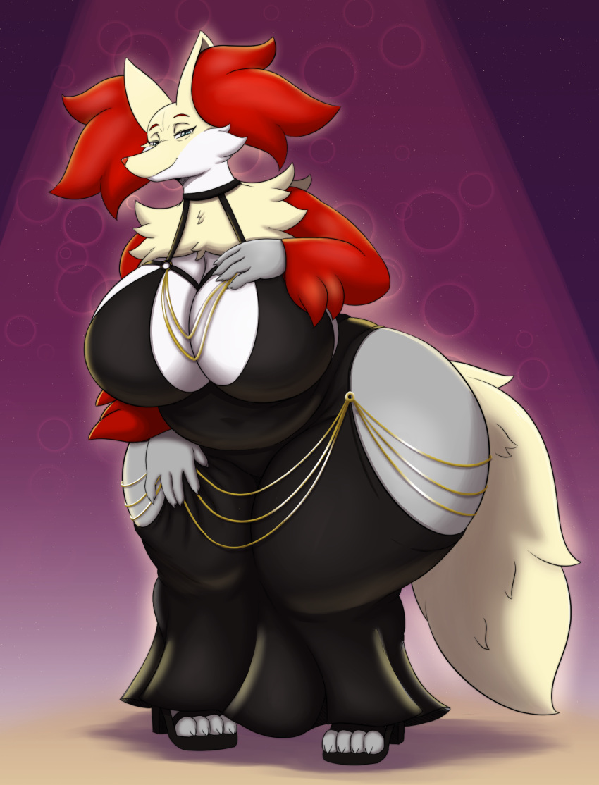 age_difference big_breasts black_clothing black_dress breasts clothed clothing delphox dress female footwear fur generation_6_pokemon gold_(metal) gold_jewelry hi_res high_heels jewelry meme meme_clothing nintendo noryega older_female pokemon pokemon_(species) red_body red_fur solo wide_hips