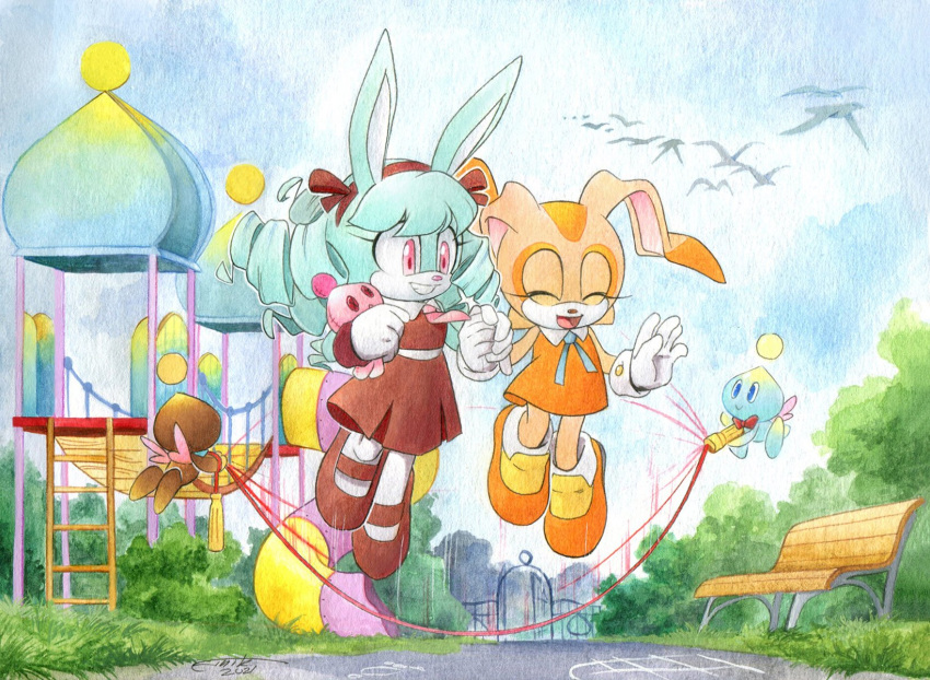 2girls 2others animal_ears anya_the_rabbit bench blue_fur blue_hair blue_sky brown_dress brown_footwear brown_fur chao_(sonic) cheese_(sonic) chocola_(sonic) closed_eyes cream_the_rabbit day dress finik furry furry_female gloves grass grin highres jump_rope jumping long_hair mary_janes multiple_girls multiple_others necktie open_mouth orange_dress orange_footwear original outdoors painting_(medium) pantyhose park_bench pink_eyes pink_necktie playground rabbit_ears rabbit_girl ringlets shoes sky sleeveless sleeveless_dress smile sonic_(series) teeth traditional_media watercolor_(medium) white_gloves white_pantyhose