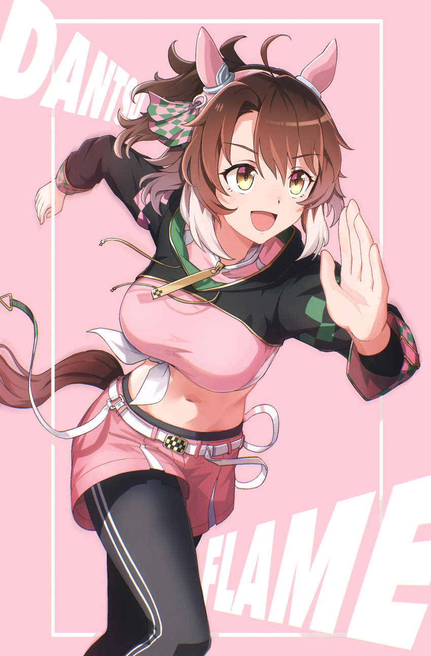 1girl :d absurdres ahoge animal_ears black_pantyhose breasts brown_eyes brown_hair clenched_hand dantsu_flame_(umamusume) ear_covers from_side hairband highres horse_ears horse_girl horse_tail large_breasts looking_at_viewer medium_hair midriff multicolored_hair navel pantyhose pink_hairband pink_shorts ponpochi ponytail shorts smile solo tail two-tone_hair umamusume yellow_eyes