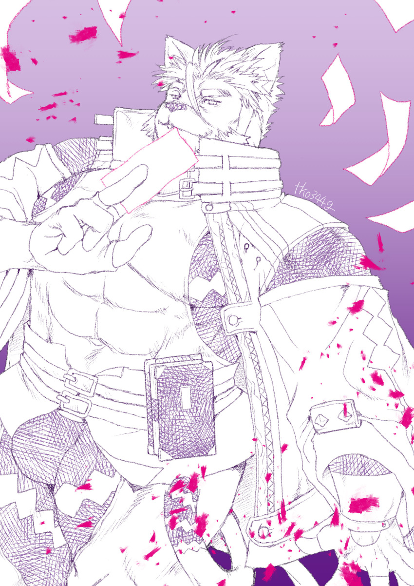 1boy abs animal_ears bara bulge card cat_boy cat_ears cowboy_shot embers floating_card furry furry_male high_collar highres holding holding_card large_pectorals live_a_hero looking_at_viewer male_focus monochrome muscular muscular_male pectorals purple_theme short_hair solo standing strongman_waist talisman thick_eyebrows thick_thighs thighs tko344g tsuneaki_(live_a_hero)