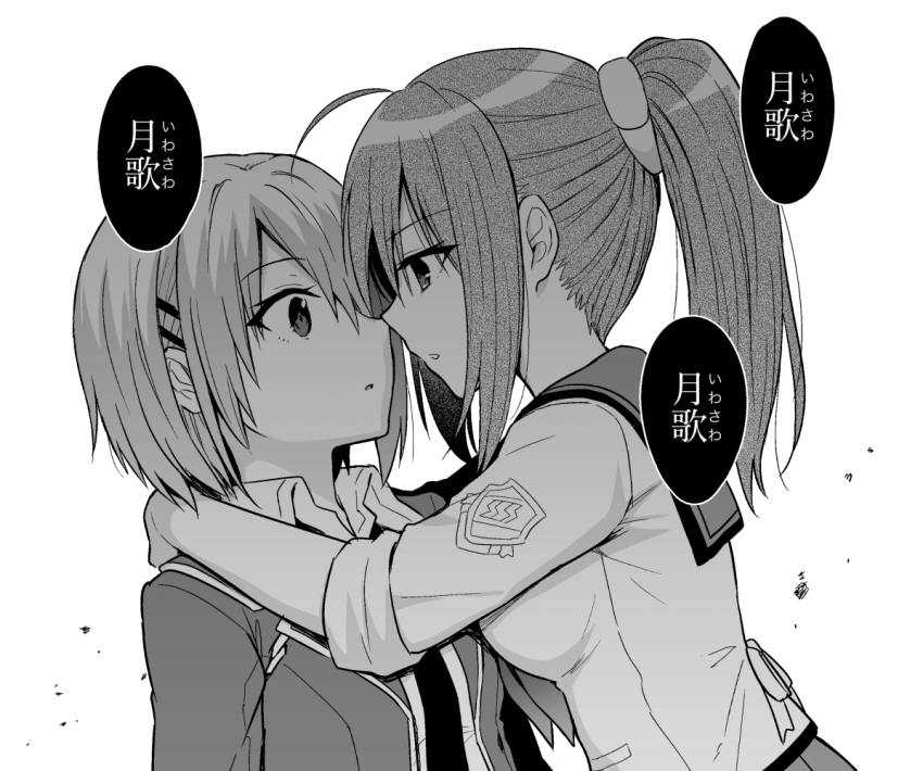 2girls ahoge angel_beats! arms_around_neck hair_ornament hair_over_one_eye heaven_burns_red hisako_(angel_beats!) hug jacket kayamori_ruka key_(company) monochrome multiple_girls nakamura_hinato necktie ponytail school_uniform serafuku shinda_sekai_sensen_uniform shirt short_hair sleeves_rolled_up white_shirt yuri