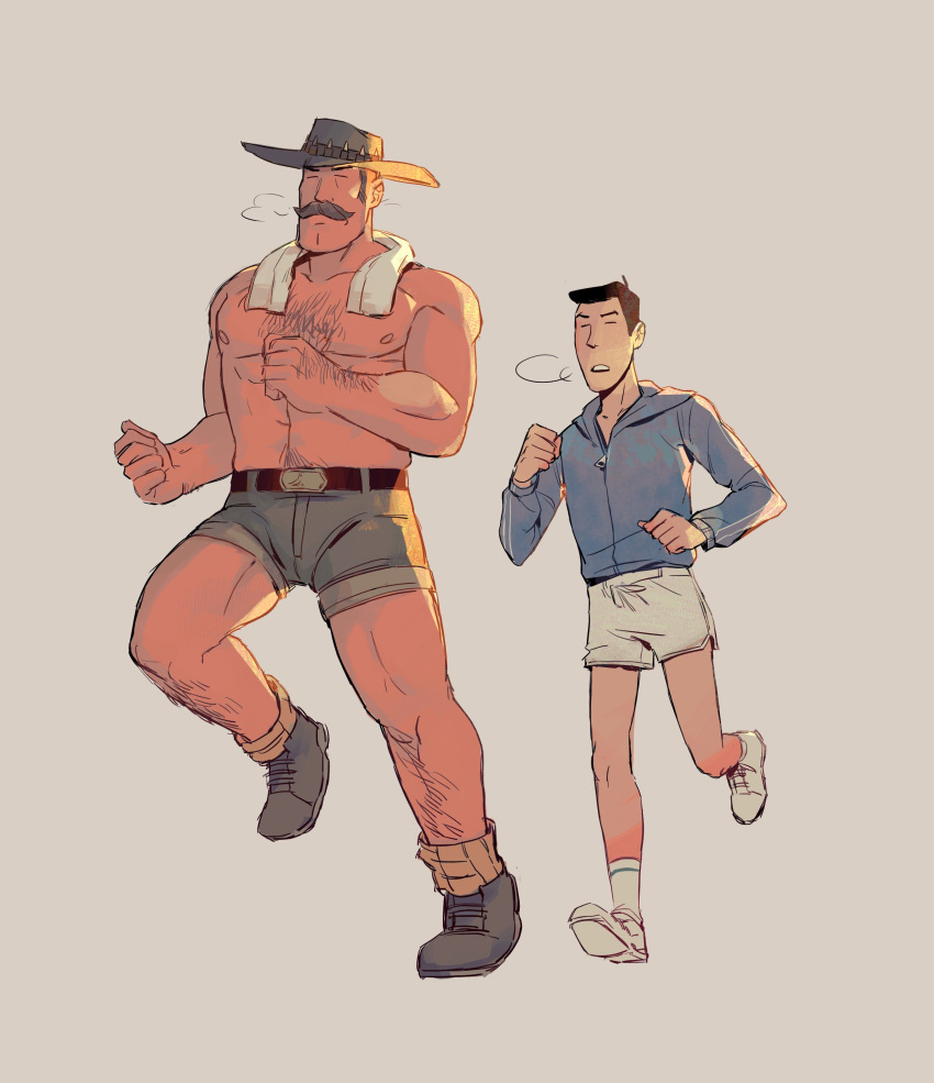 2boys abs absurdres arm_hair bara black_hair blonde_hair boots breath citrus0lemon cowboy_hat full_body grey_background hat highres jacket large_pectorals leg_hair long_sideburns male_focus mature_male mr._bidwell multiple_boys muscular muscular_male pectorals running saxton_hale short_hair short_shorts shorts sideburns simple_background size_difference team_fortress_2 thick_chest_hair thick_mustache topless_male towel towel_around_neck track_jacket