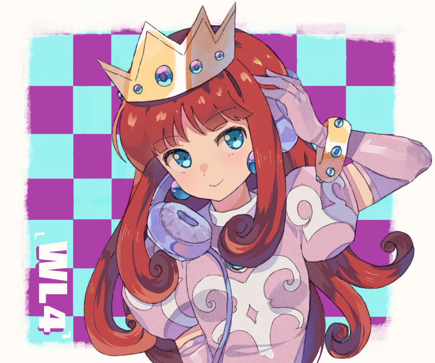 1girl blue_eyes bracelet checkered_background crown dress earrings elbow_gloves fq75017 gloves gold_bracelet headphones highres jewelry long_hair looking_at_viewer pink_dress pink_gloves princess_shokora puffy_short_sleeves puffy_sleeves red_hair short_sleeves smile wario_land wario_land_4