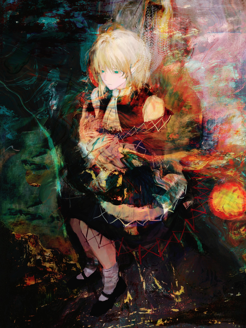 1girl abstract_background absurdres arm_warmers black_footwear black_shirt black_skirt blonde_hair brown_jacket chinese_commentary closed_mouth commentary_request expressionless full_body green_eyes highres jacket mary_janes mizuhashi_parsee multicolored_clothes multicolored_jacket off_shoulder pointy_ears scarf shirt shoes short_hair sitting skirt sleeveless sleeveless_shirt socks solo touhou white_scarf white_socks xbsx