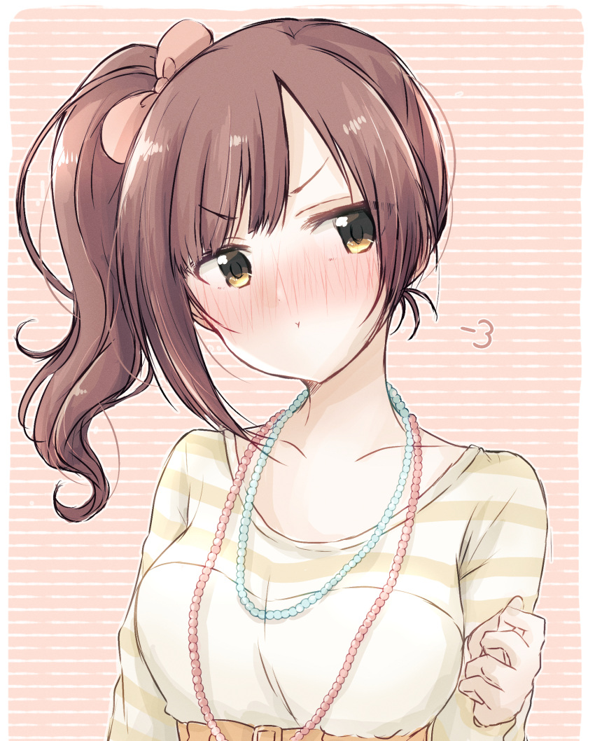 1girl asymmetrical_sidelocks baran._(ba_ra_ran) bead_necklace beads blush bow breasts brown_hair brown_shirt closed_mouth collarbone ear_blush hair_bow hand_up highres idolmaster idolmaster_cinderella_girls igarashi_kyoko jewelry long_hair looking_at_viewer medium_breasts multiple_necklaces necklace nose_blush orange_background pink_bow pout puff_of_air shirt side_ponytail sidelocks solo striped_background striped_clothes striped_shirt swept_bangs underbust upper_body v-shaped_eyebrows white_shirt yellow_eyes