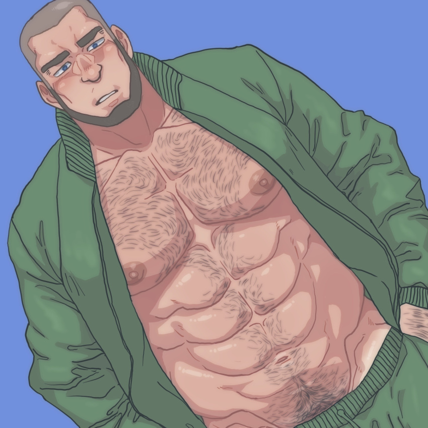 1boy abs bara bare_pectorals beard blue_eyes blush buzz_cut clothes_pull cowboy_shot dutch_angle facial_hair full_beard green_jacket groin hand_hair highres huge_eyebrows jacket large_pectorals looking_at_viewer male_focus mature_male muscular muscular_male navel navel_hair nipples original paid_reward_available pants pants_pull pectorals short_hair shy solo stomach thick_arm_hair thick_chest_hair thick_navel_hair track_jacket very_hairy very_short_hair zettoken