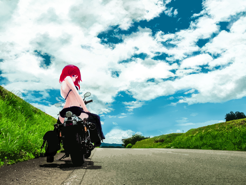 akino_sora bikini boots cloud day from_ground ground_vehicle looking_at_viewer looking_back love_live! love_live!_school_idol_project motor_vehicle motorcycle nishikino_maki purple_eyes red_hair road short_hair sky solo swimsuit thighhighs