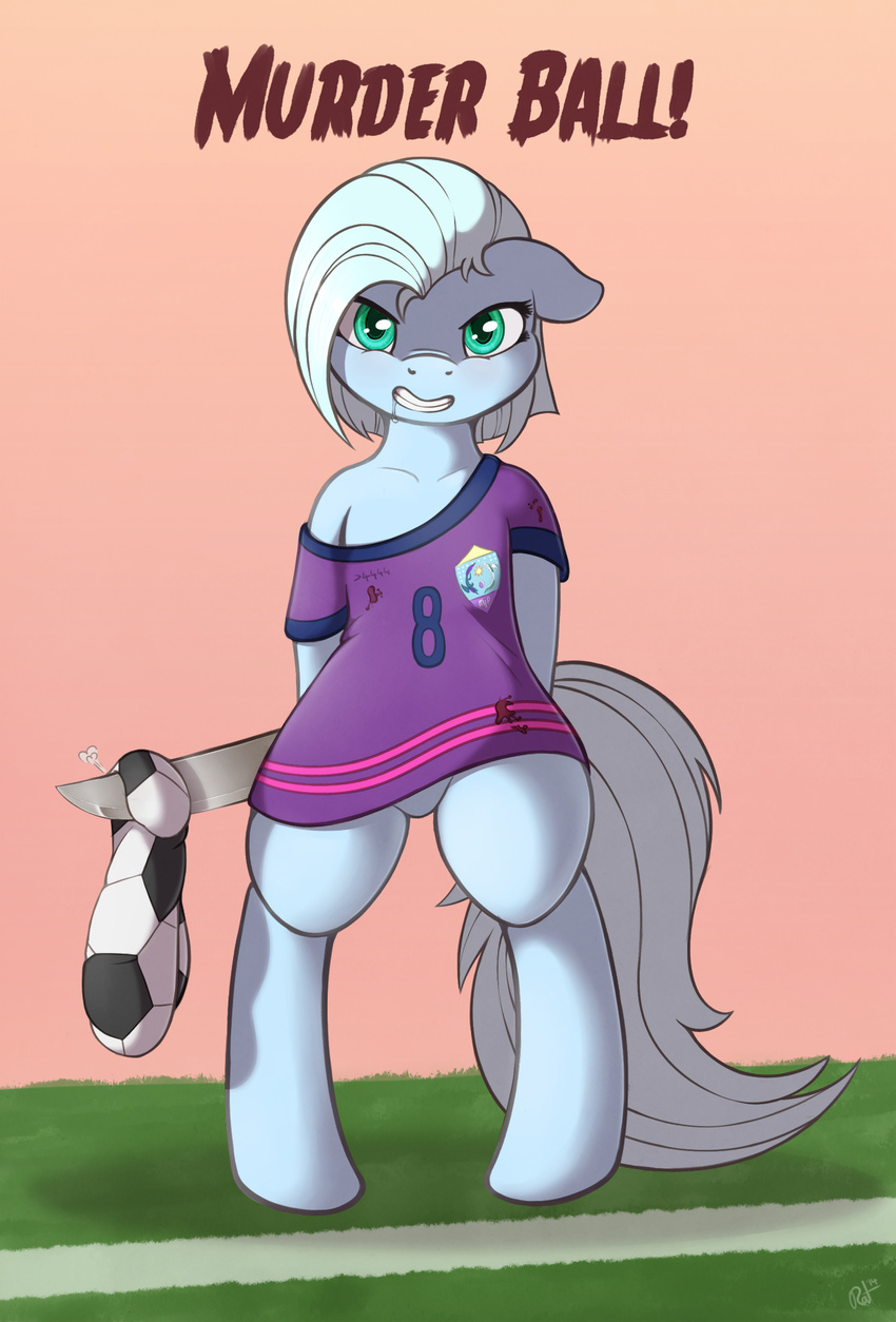 blood blue_fur clothing drooling english_text equine female football fur hair horse knife looking_at_viewer mammal my_little_pony plain_background pony ratofdrawn saliva solo standing text tracycage_(character)